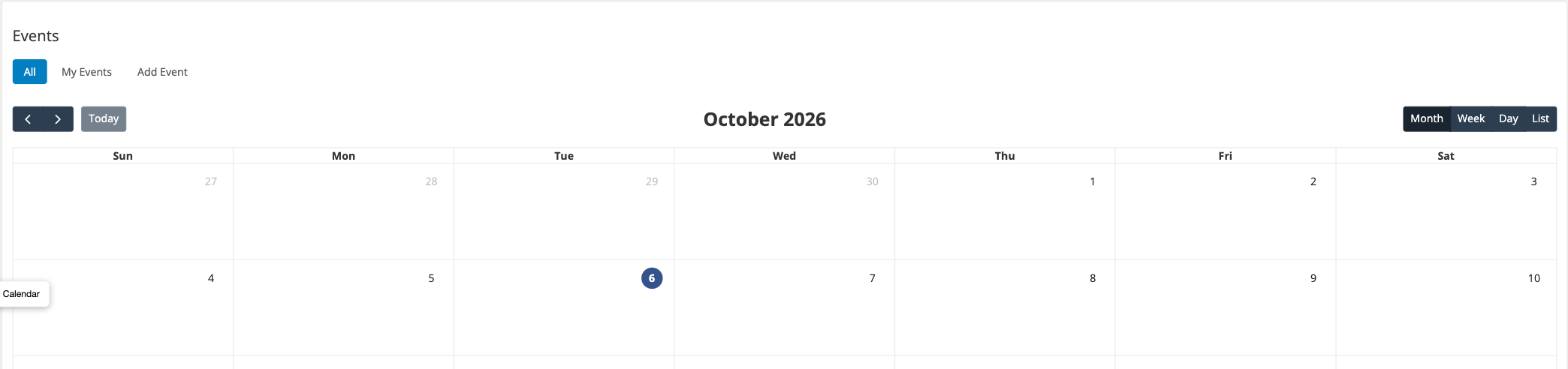 Calendar page with the All, My Events and Add Event tabs