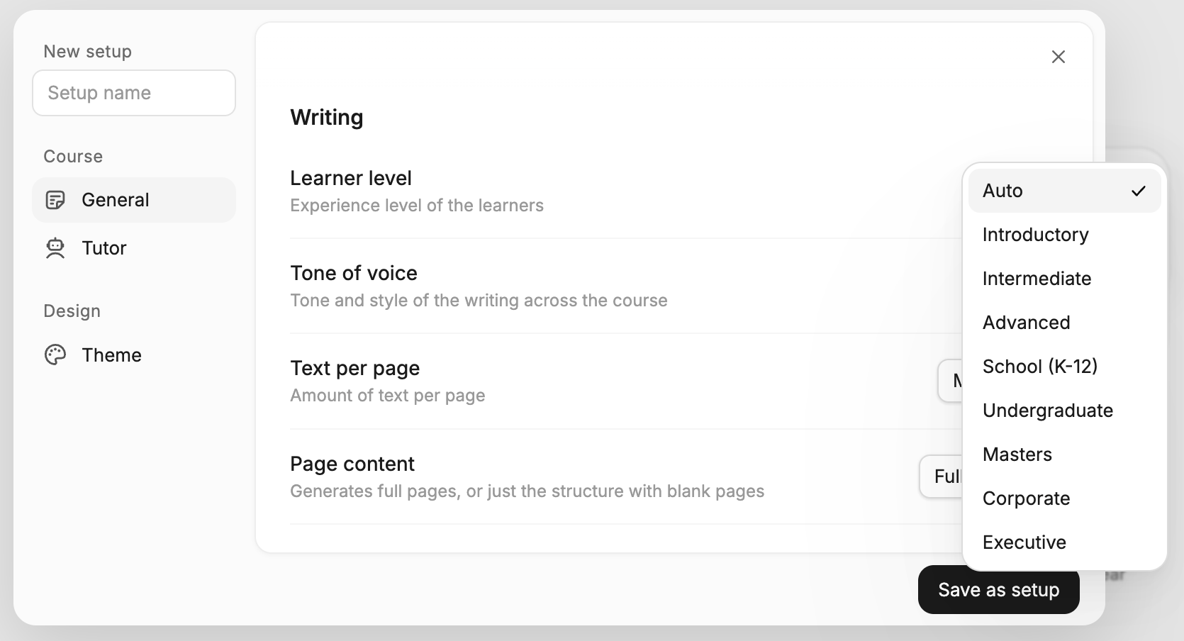 Course Setup panel with General, Tutor and Theme options and the Save as setup button