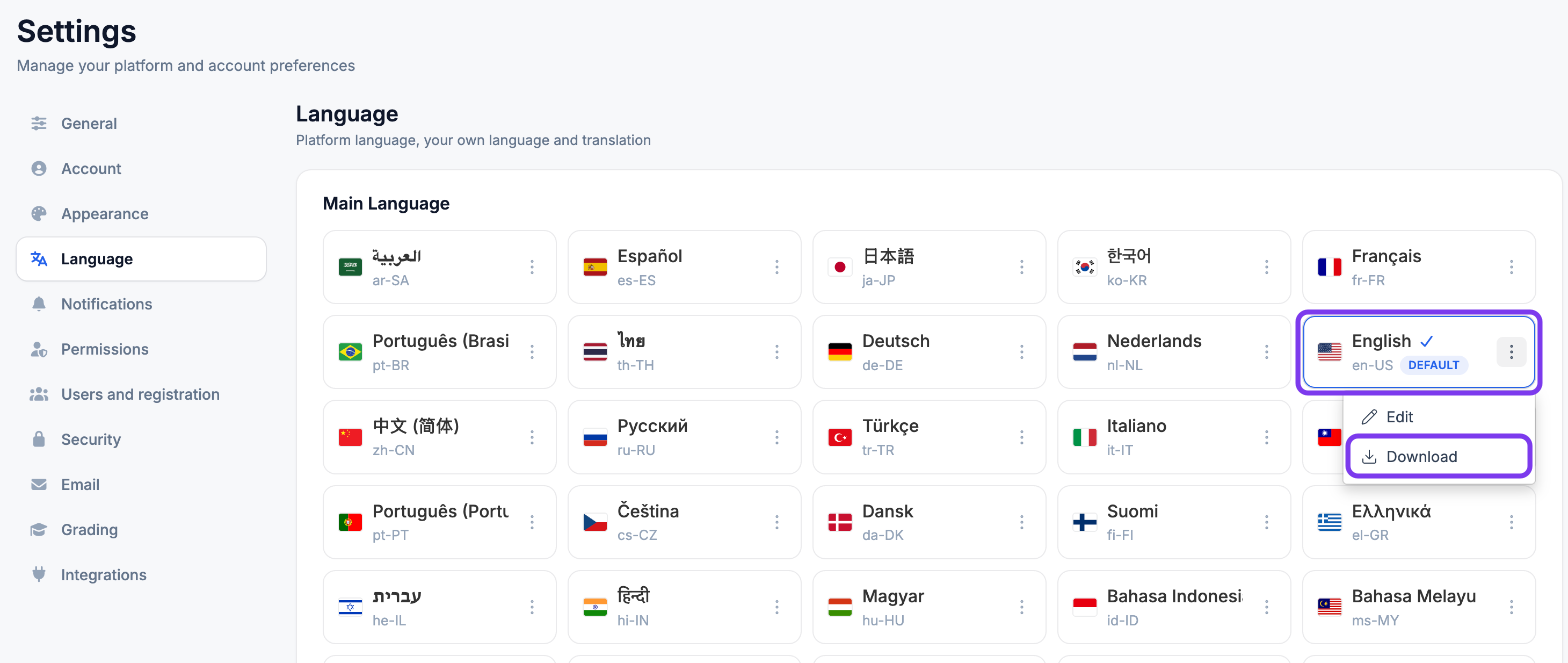 Main Language cards with English selected as DEFAULT and its menu open showing Edit and Download, with Download highlighted