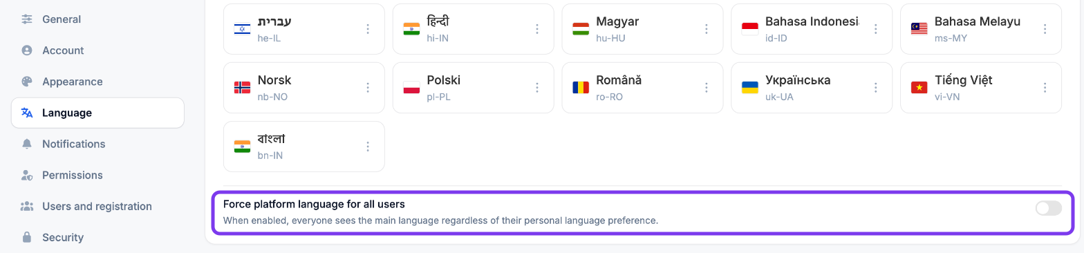 Force platform language for all users toggle highlighted below the Main Language list