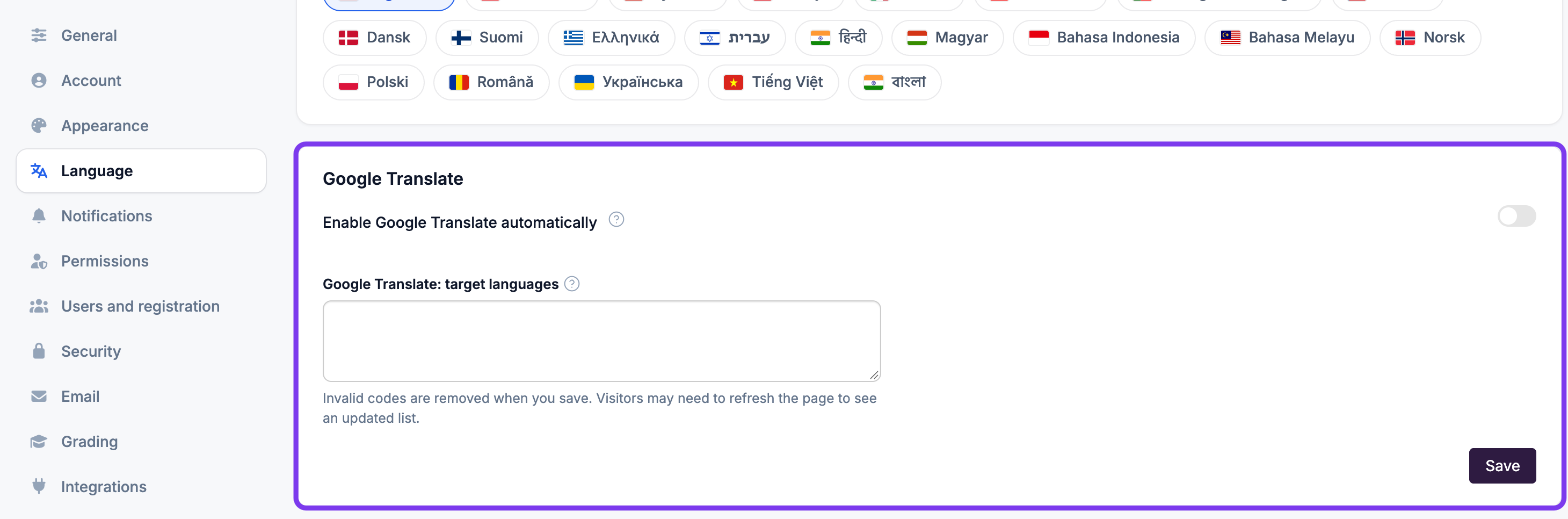 Google Translate section highlighted, with the Enable Google Translate automatically toggle, target languages field and Save button