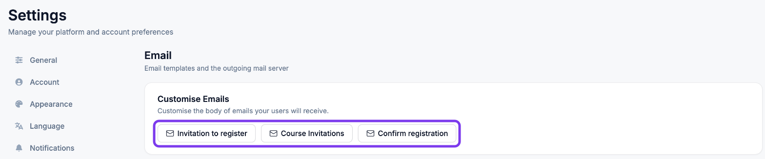 Email tab in Settings with the Invitation to register, Course Invitations and Confirm registration templates highlighted