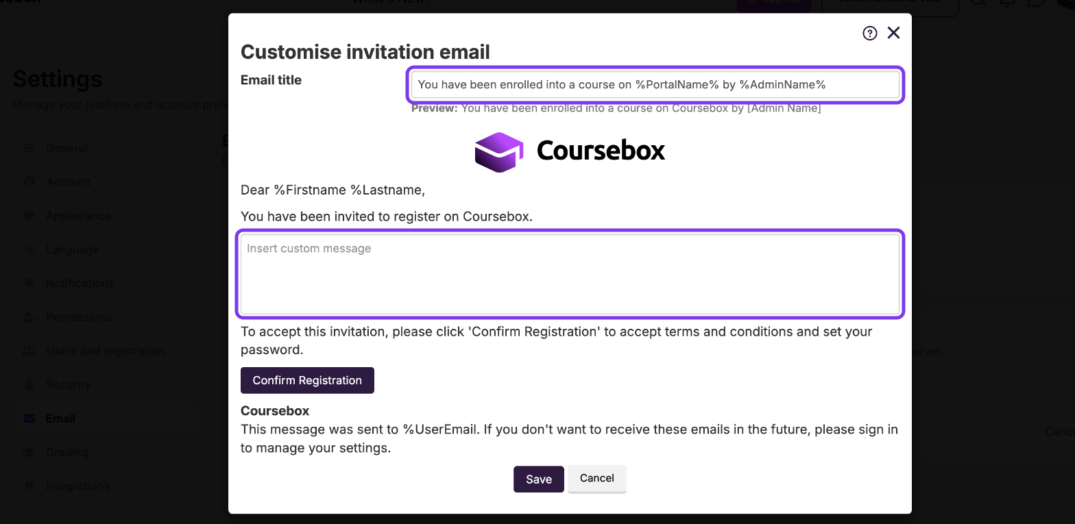 Invitation to register template editor with subject, message and dynamic values