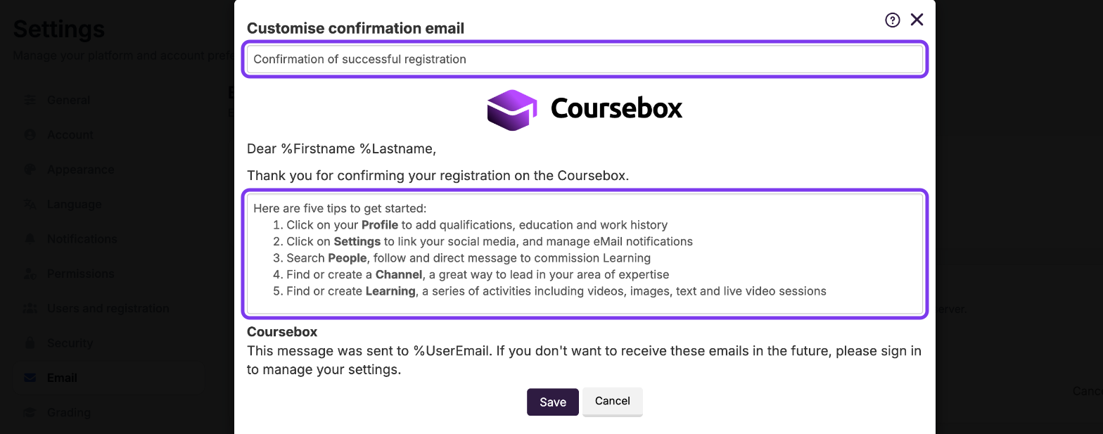 Confirm registration template editor with subject, message and dynamic values