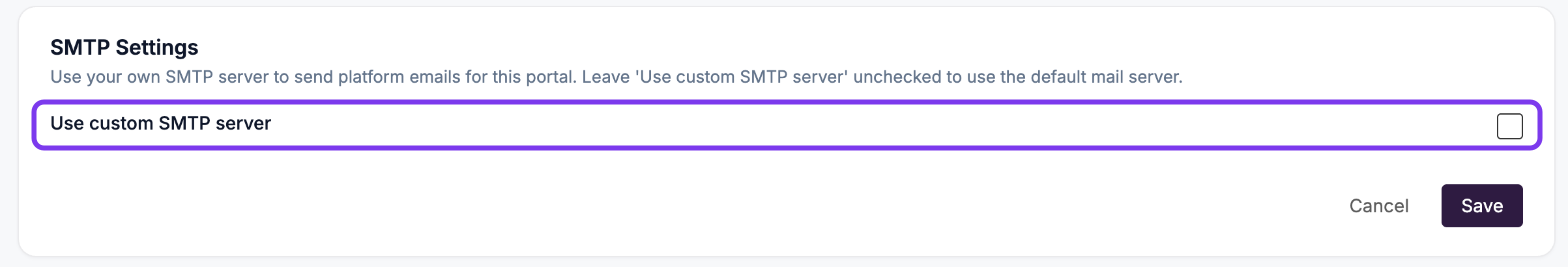 SMTP Settings with the Use custom SMTP server checkbox highlighted