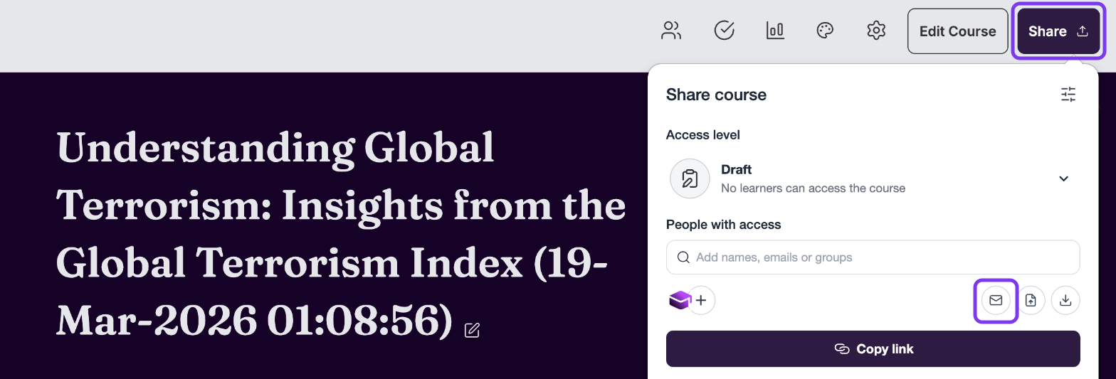 Share course window with the Share button and the Customize email template envelope icon highlighted