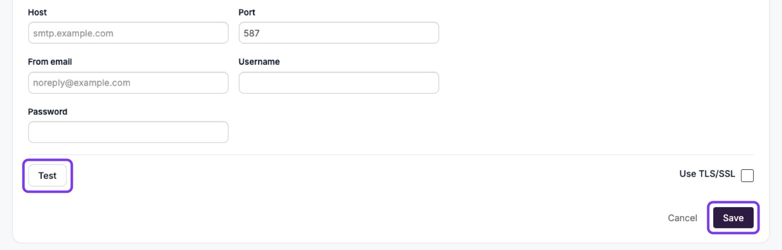SMTP server fields Host, Port, From email, Username, Password and Use TLS/SSL, with Test and Save highlighted