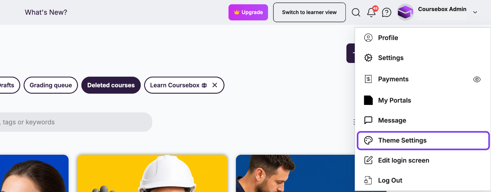 Profile dropdown in the top navigation bar with Theme Settings highlighted