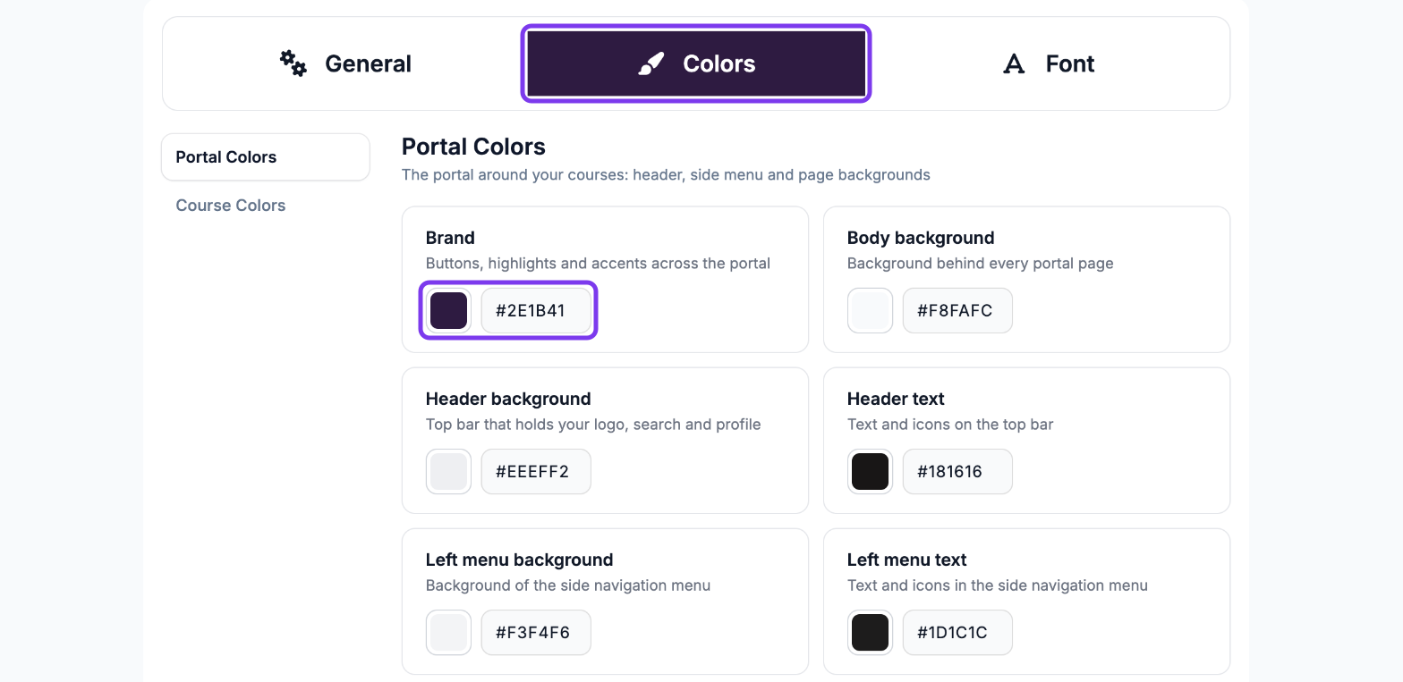 Colors tab highlighted with Portal Colors cards, and the Brand colour swatch and HEX code highlighted