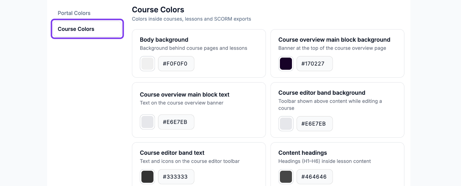 Course Colors highlighted in the Colors side menu, with course colour cards and HEX codes