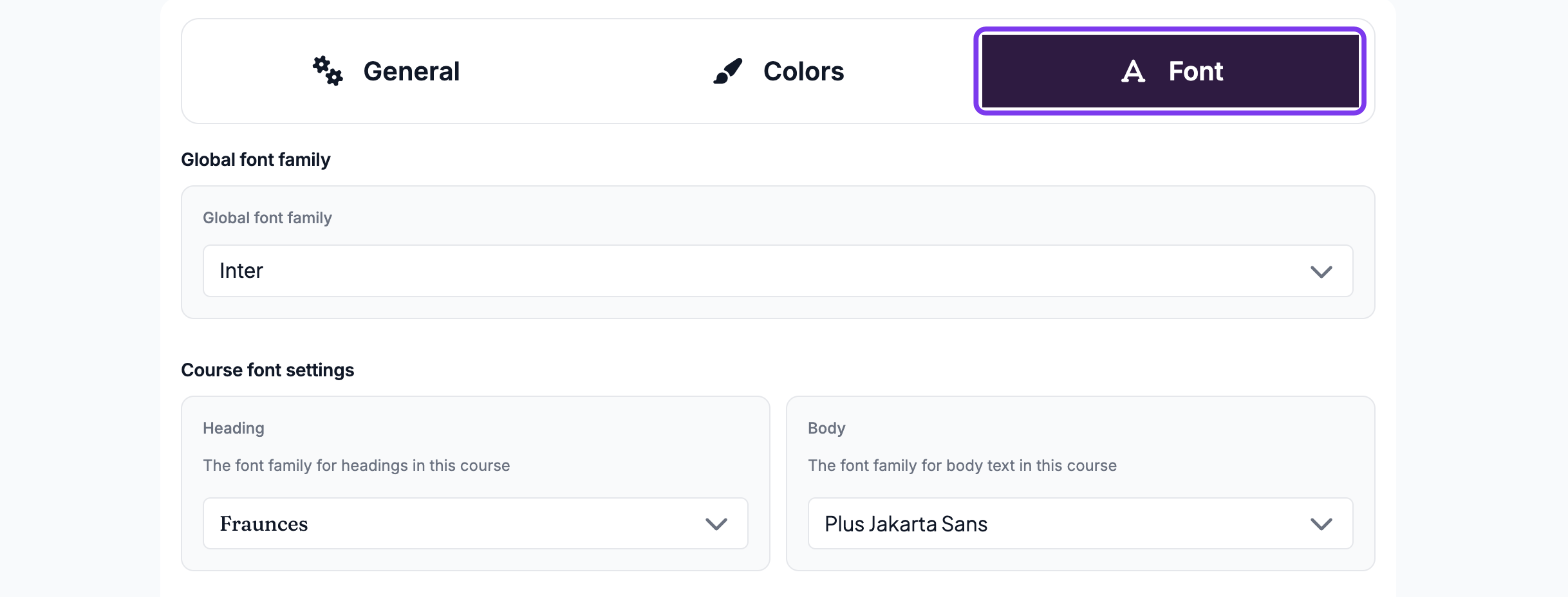 Font tab highlighted with the Global font family and the Heading and Body course fonts