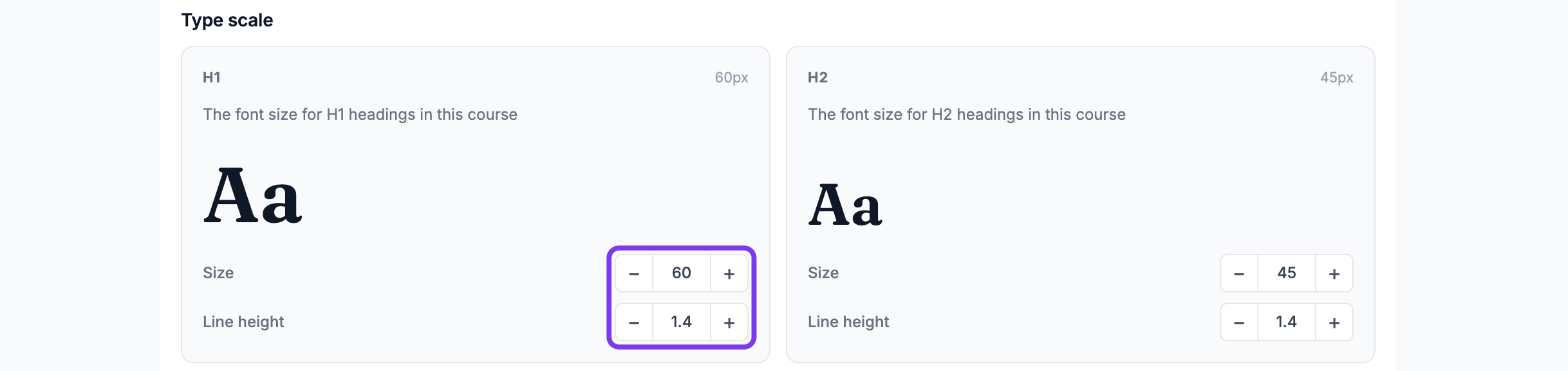 Type scale cards for H1 and H2 with the Size and Line height minus and plus buttons highlighted