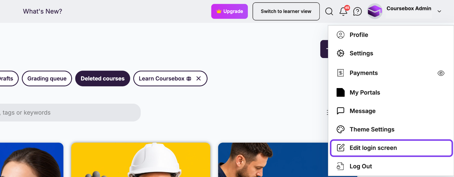 Profile dropdown in the top navigation bar with Edit login screen highlighted