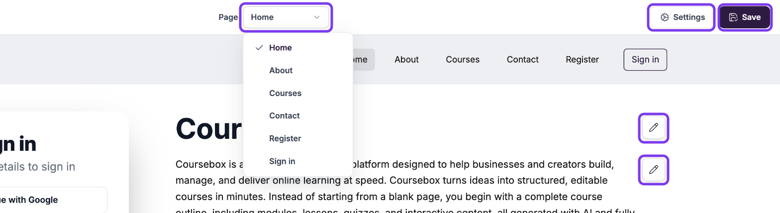Login screen editor with the Page dropdown open (Home, About, Courses, Contact, Register, Sign in), and the Page dropdown, Settings, Save and block pencil icons highlighted