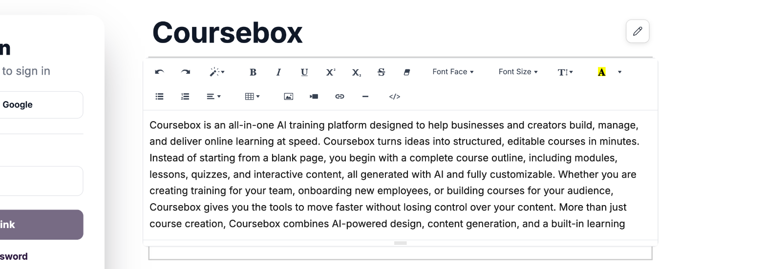 A login page block open in the text editor, with toolbar options for fonts, size, colour, lists, tables, images, video, links and HTML code view