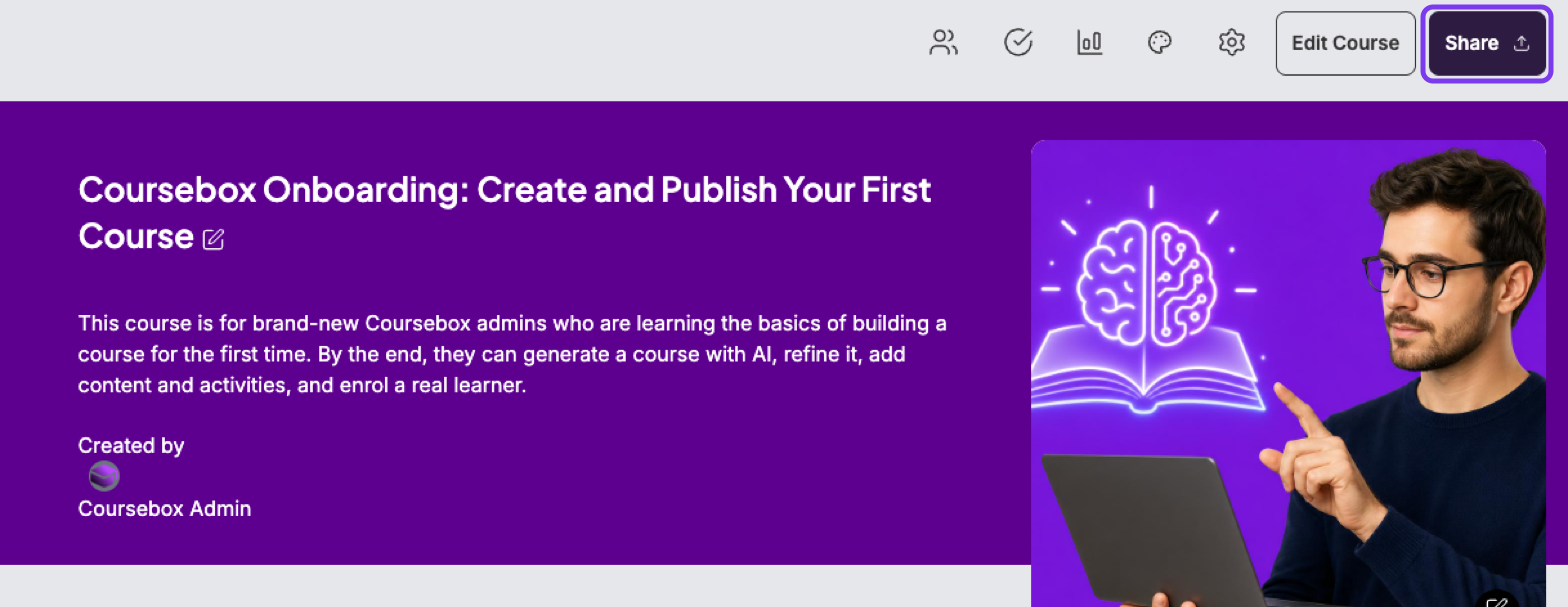 Course page with the Share button highlighted in the top right