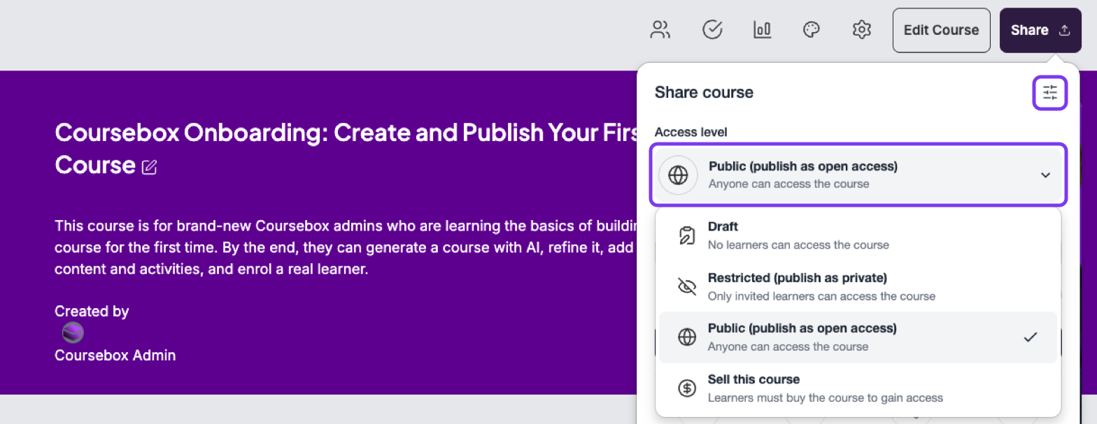 Share course panel with the Access level dropdown open showing Draft, Restricted, Public and Sell this course