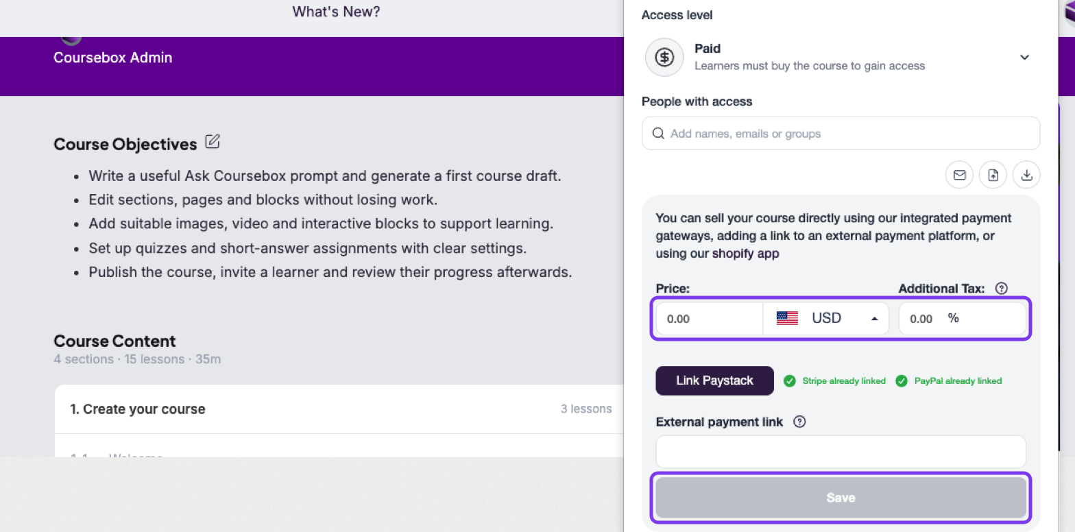 Share course panel set to Paid, with the Price, currency and Additional Tax fields and the Save button highlighted