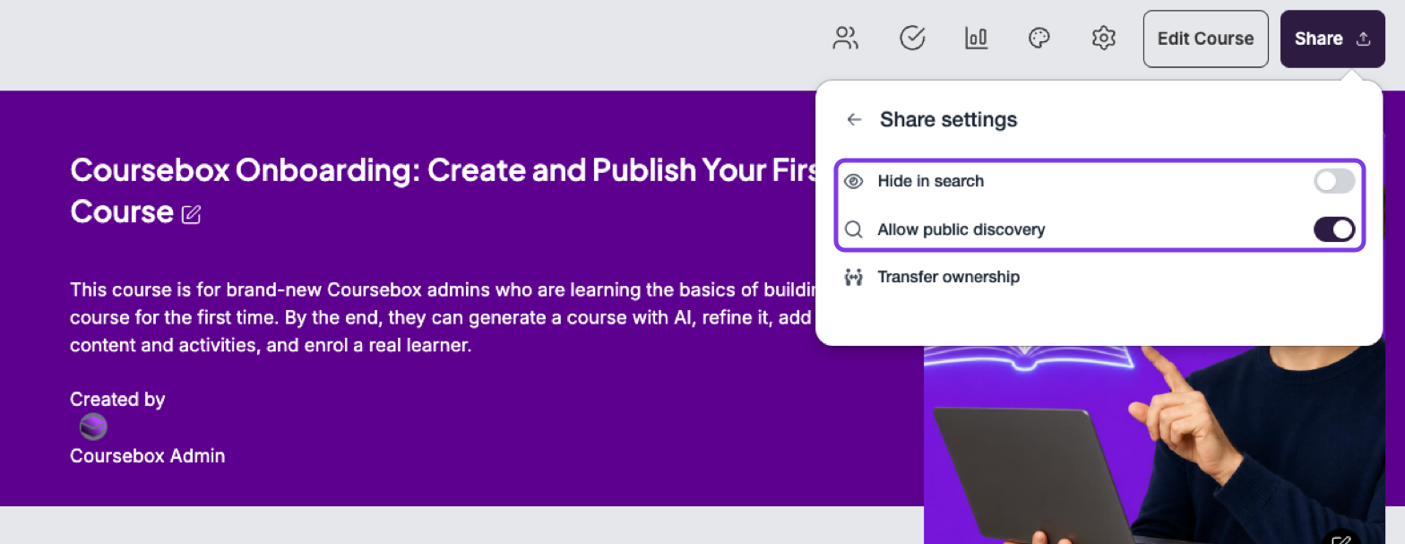 Share settings with the Hide in search and Allow public discovery switches highlighted