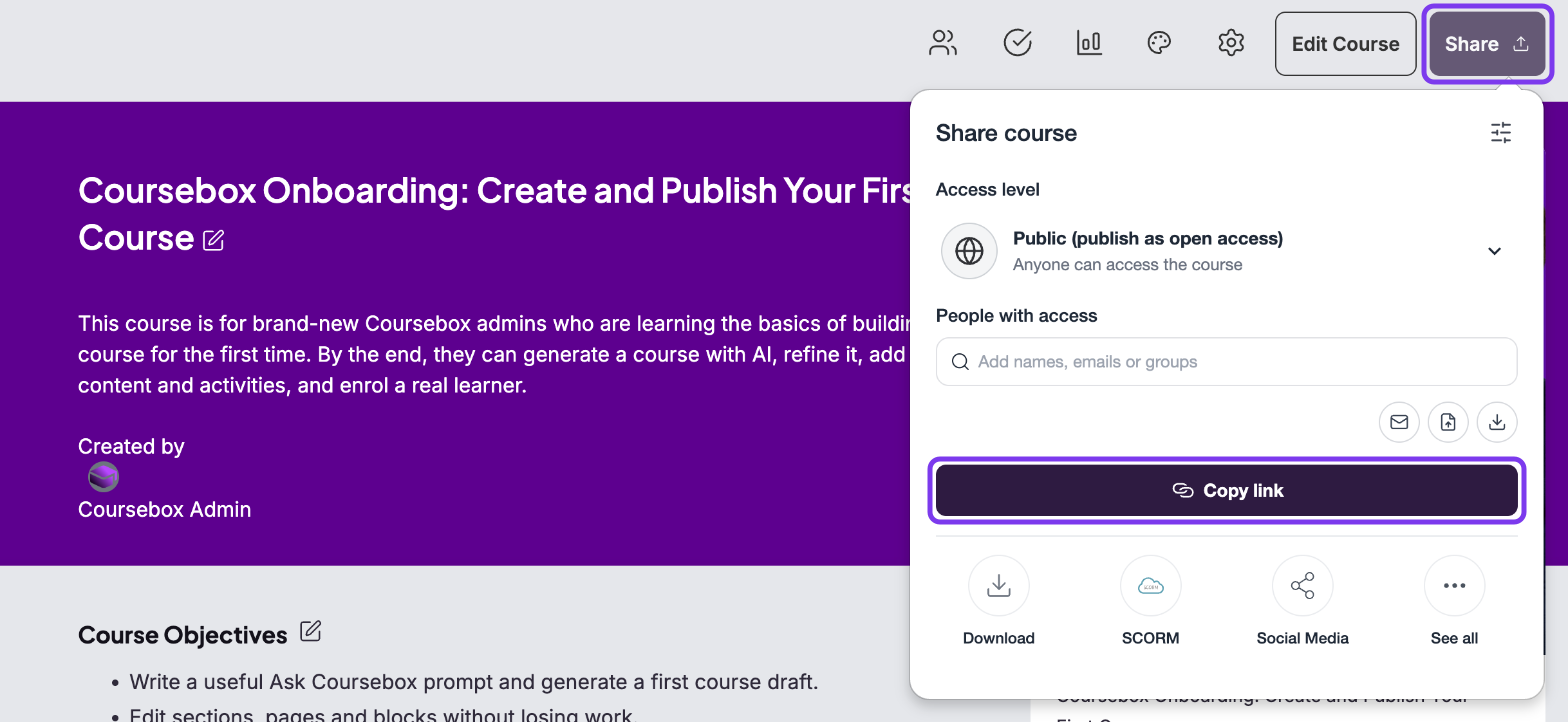 Share panel on a course, with the Share button and Copy link highlighted