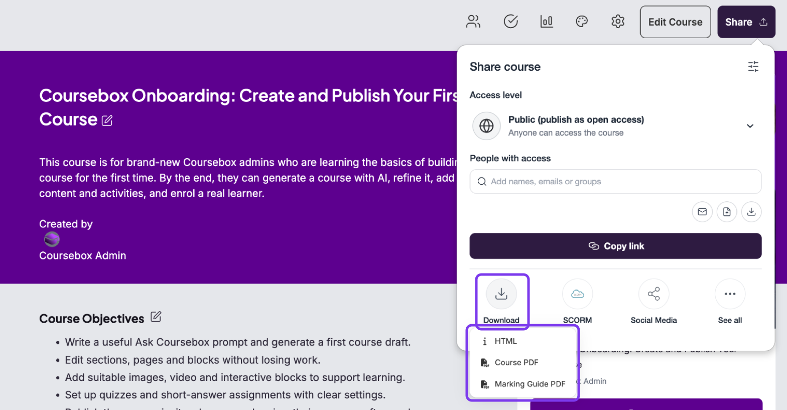 Share panel Download menu with HTML, Course PDF and Marking Guide PDF