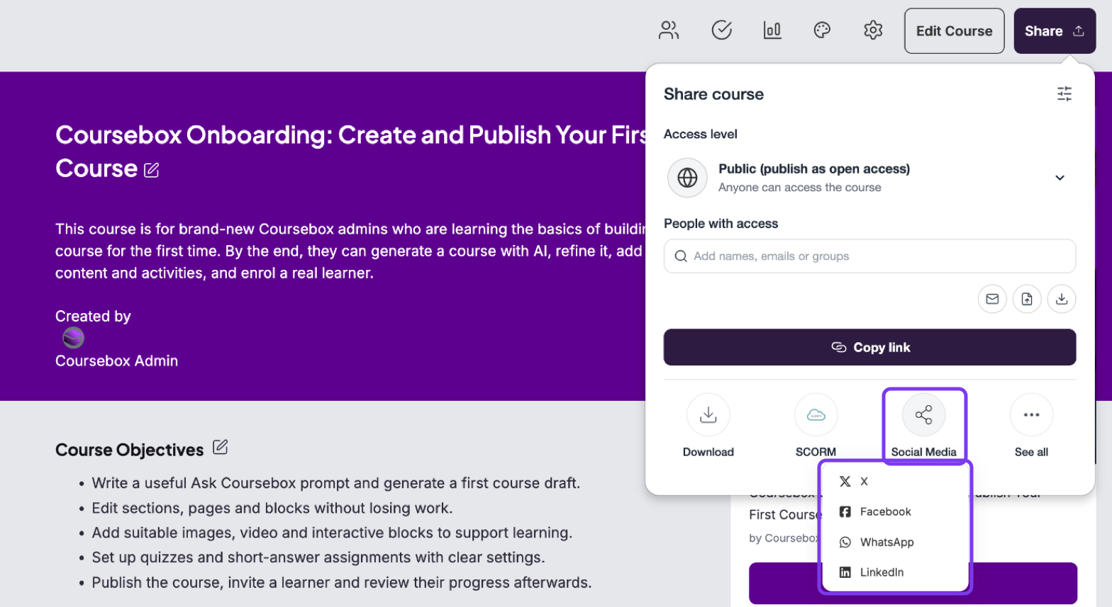 Share panel Social Media menu with X, Facebook, WhatsApp and LinkedIn