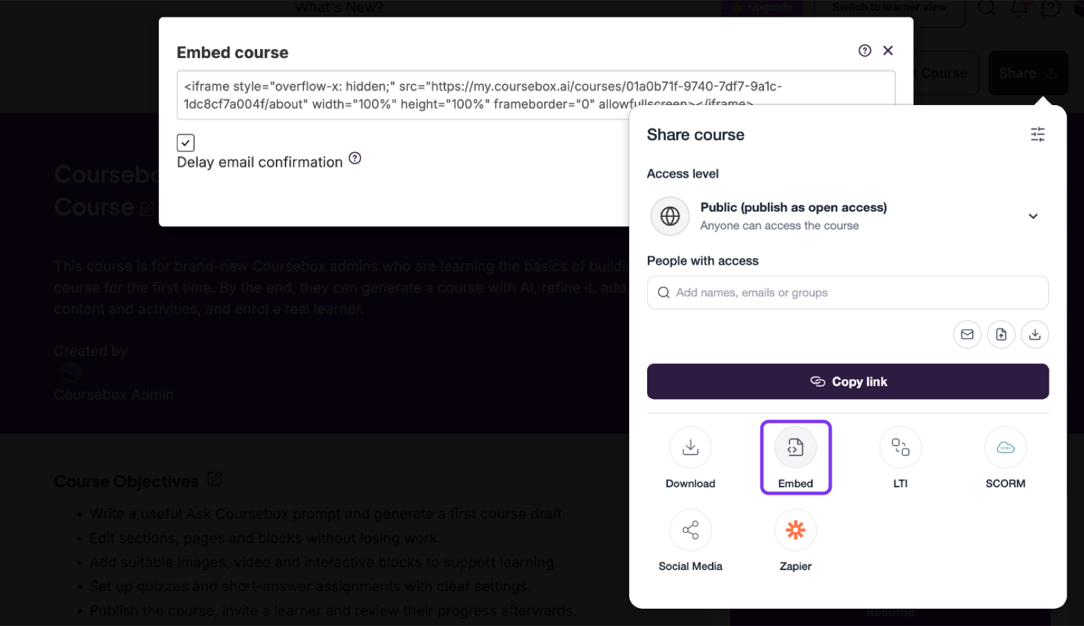 Share panel See all options with Embed highlighted and the Embed course window open