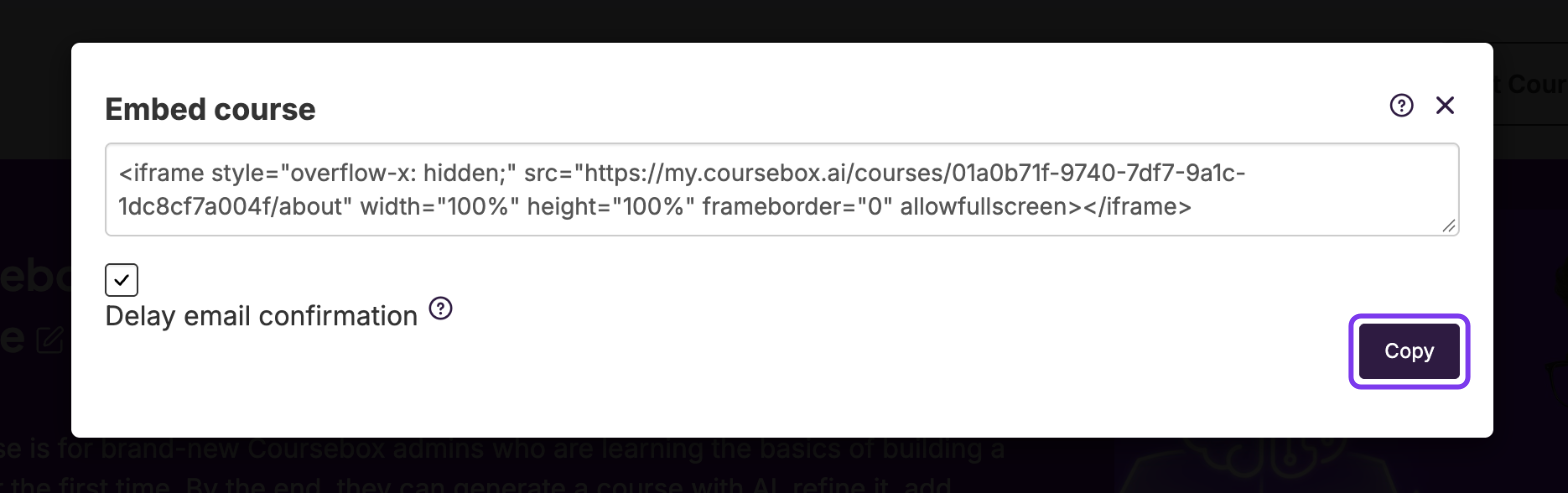 Embed course window with the iframe code and the Copy button