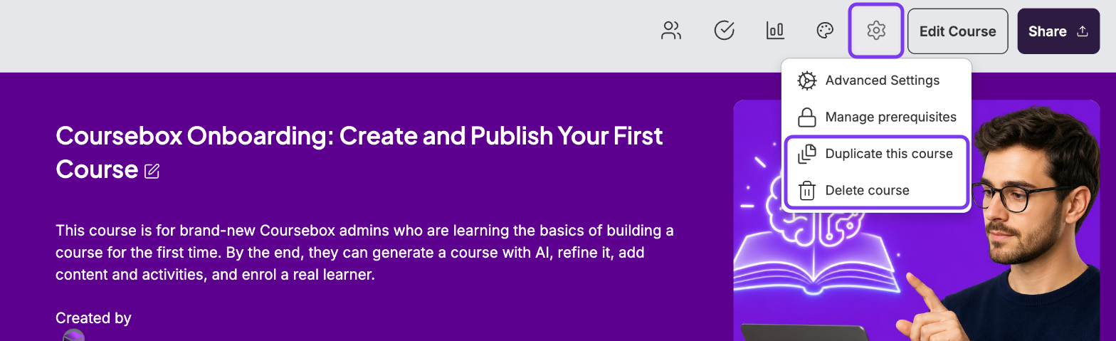 Course page with the gear icon highlighted and its menu open, with Duplicate this course and Delete course highlighted