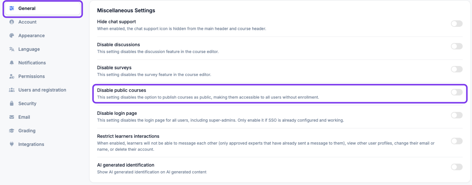 Settings, General page with General and the Disable public courses toggle in Miscellaneous Settings highlighted