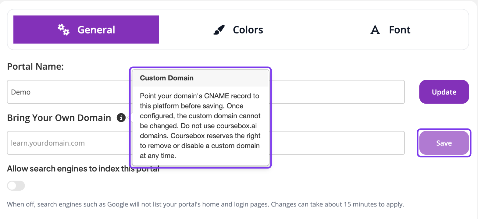 Theme Settings General tab with the Bring Your Own Domain field, the Custom Domain info tip and the Save button highlighted