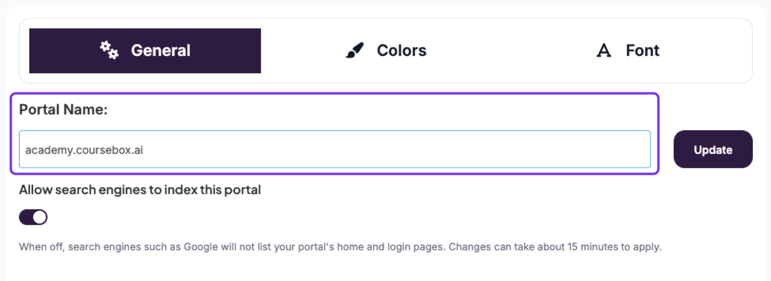 Theme Settings General tab with the Portal Name field highlighted