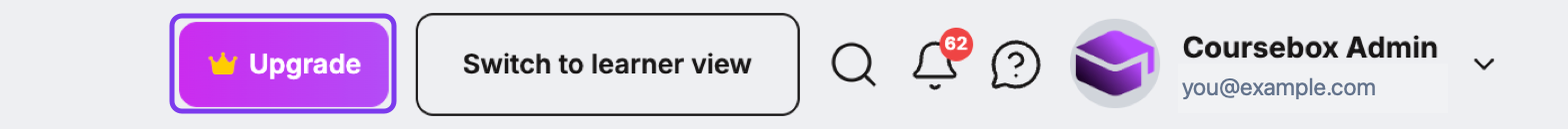 Coursebox top bar with the Upgrade button highlighted