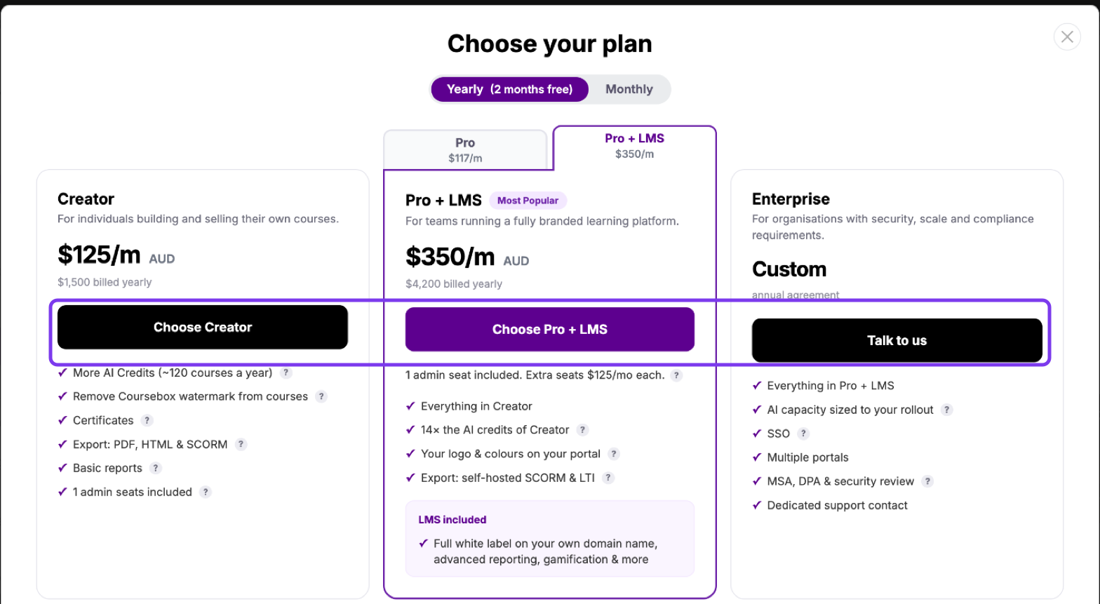 Choose your plan window with the Choose Creator, Choose Pro + LMS and Talk to us buttons highlighted
