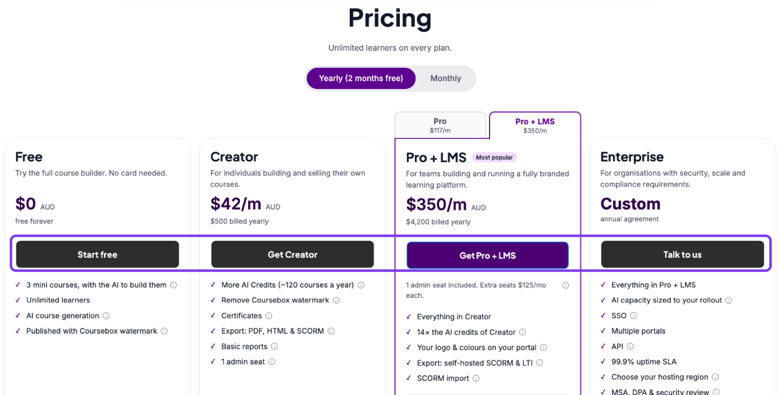 Coursebox pricing page with the button under each plan highlighted
