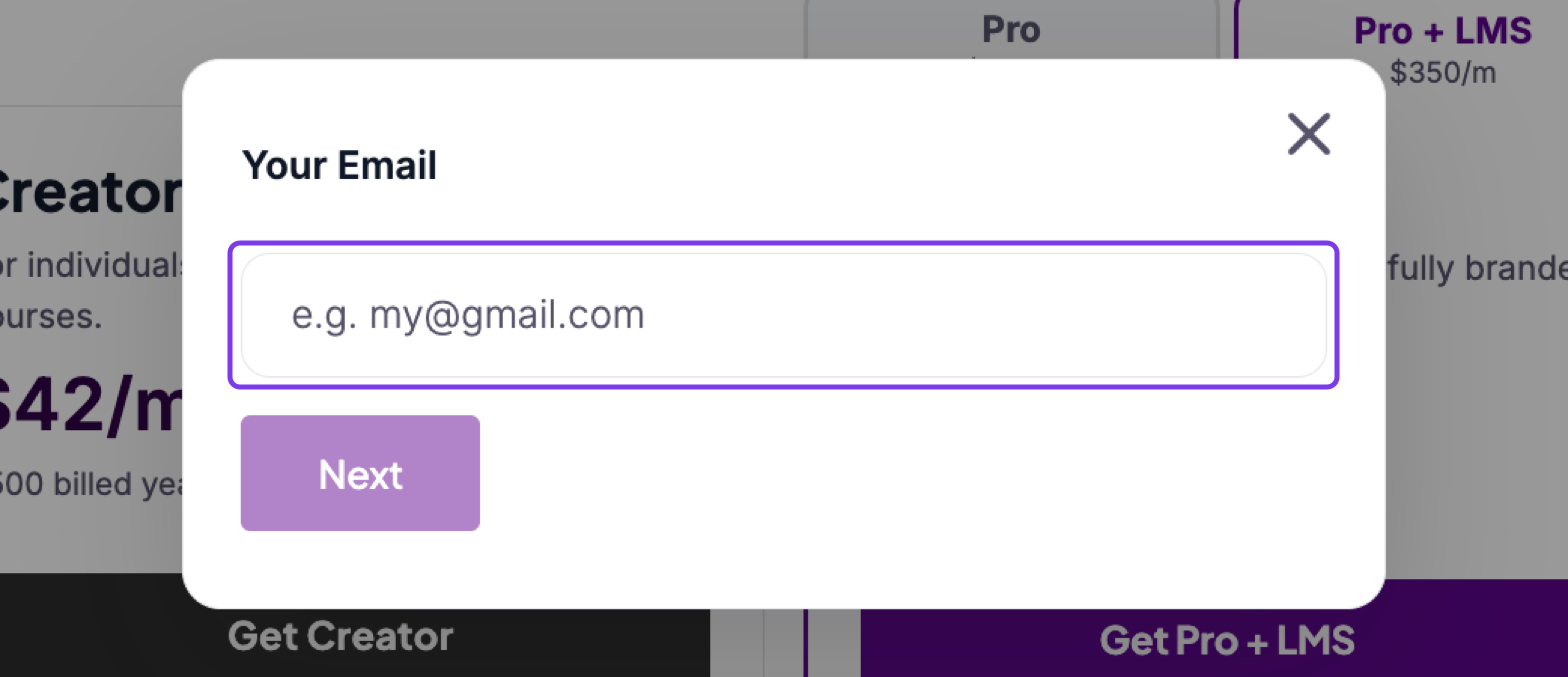 Your Email prompt on the pricing page with the email field highlighted