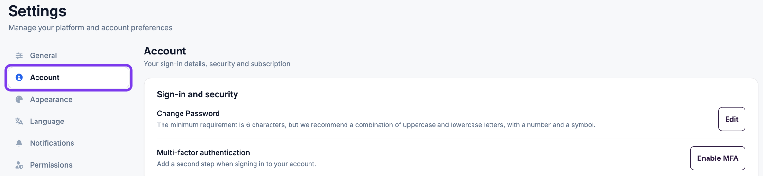 Settings page with Account selected in the left-hand menu