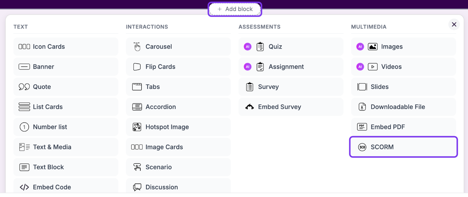 Add block panel in the course editor with Add block and the SCORM block under Multimedia highlighted