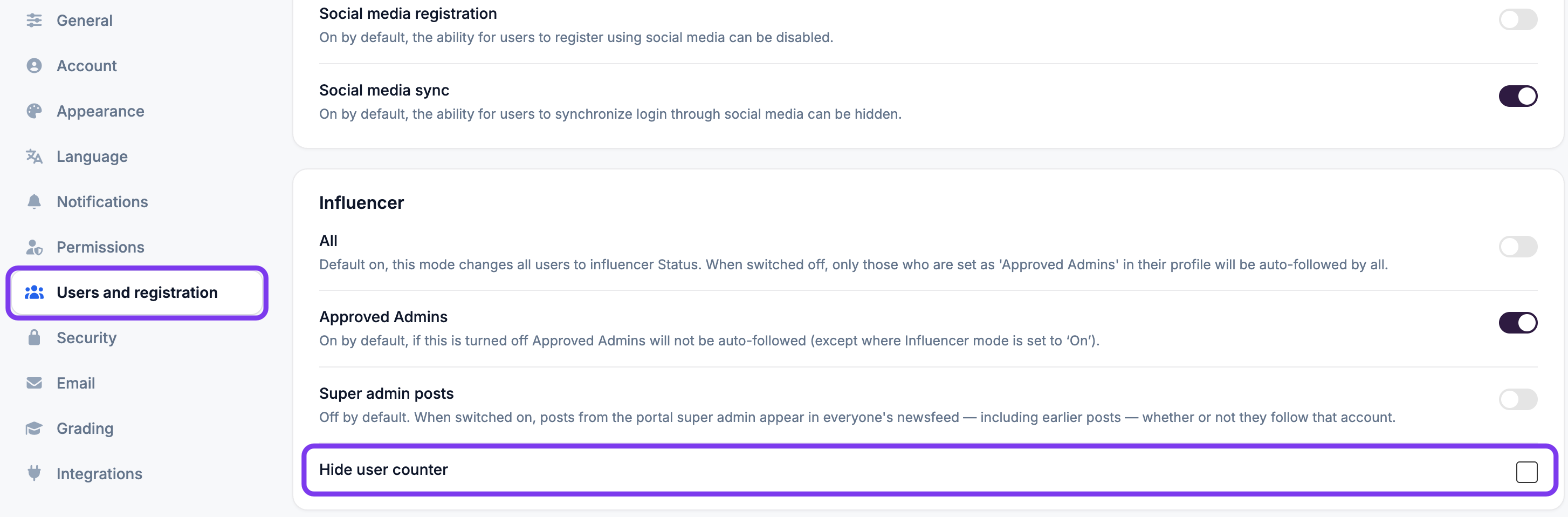 Settings, Users and registration page with the Hide user counter checkbox highlighted