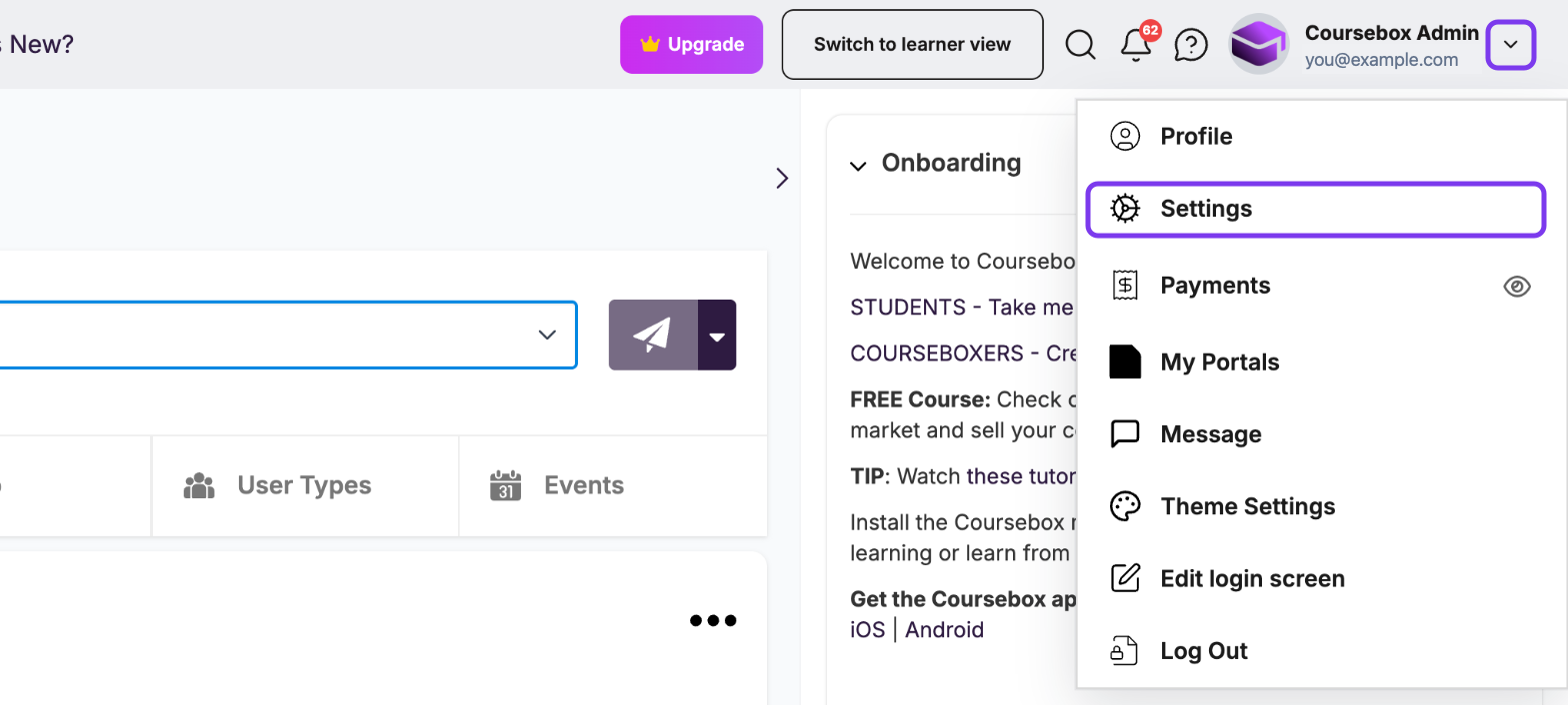 Profile menu open with Settings outlined