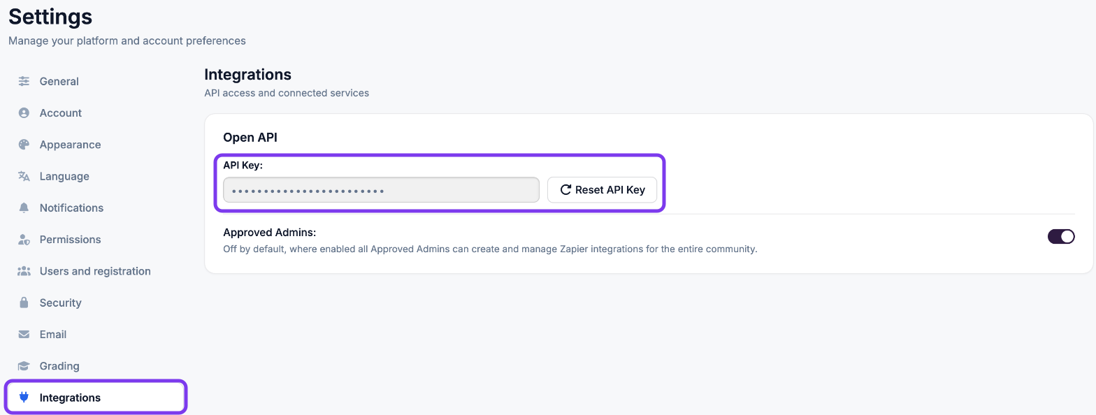 Coursebox Settings page with Integrations selected in the left-hand menu and the Open API Key field (hidden) and Reset API Key button highlighted