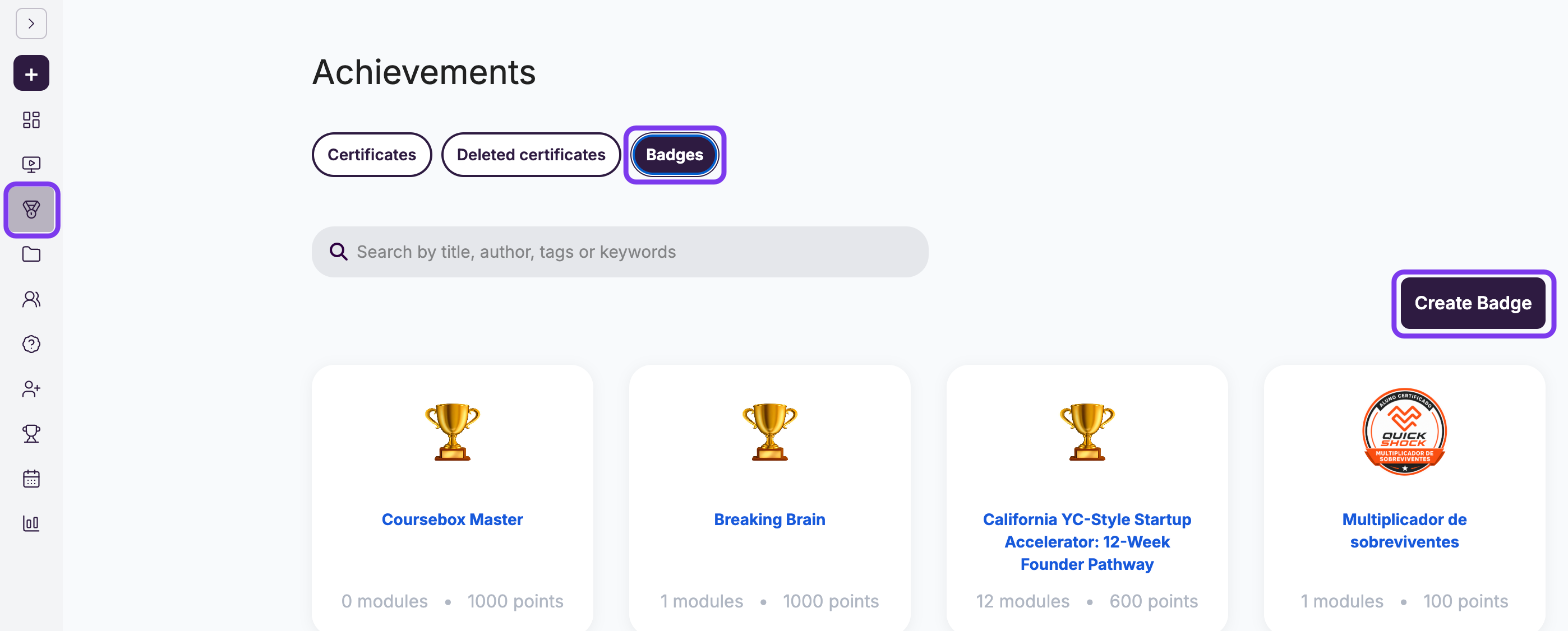Achievements page with the Achievements icon, the Badges tab and the Create Badge button highlighted