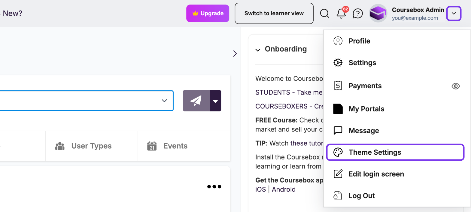 Coursebox top bar with the profile dropdown open and Theme Settings highlighted
