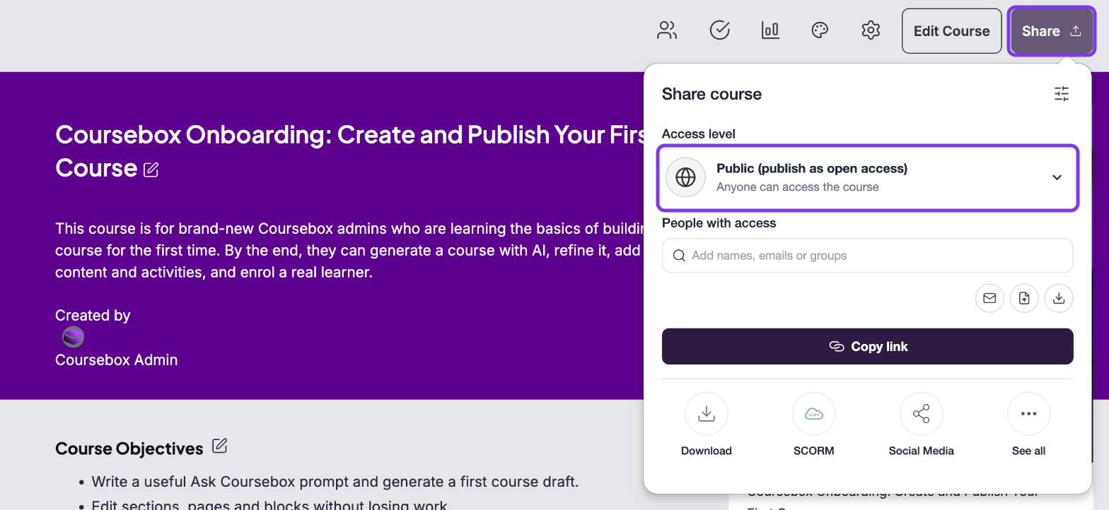 Course page with the Share button and the Access level in the Share course panel highlighted