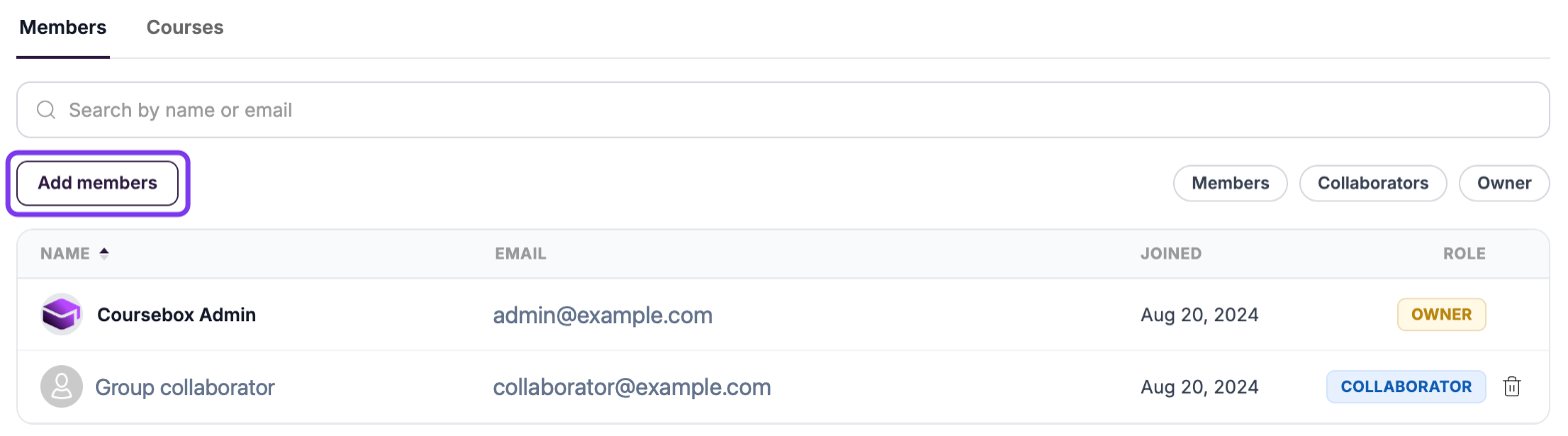Members tab of a Group with the Add members button highlighted