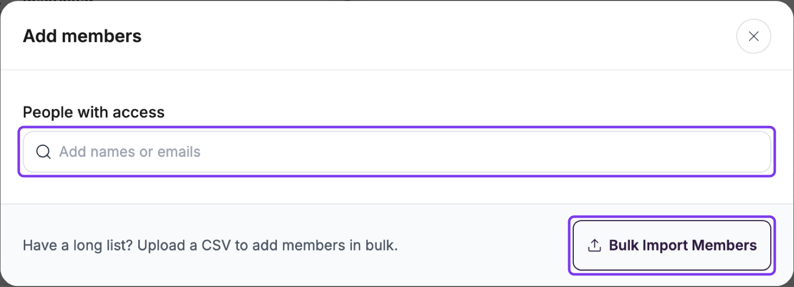 Add members window with the People with access field and the Bulk Import Members button highlighted