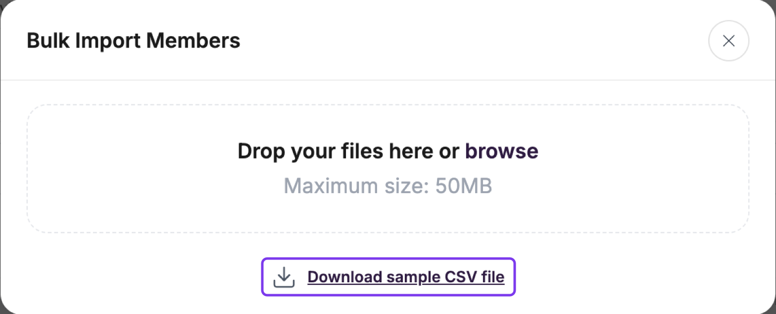Bulk Import Members window with the Download sample CSV file link highlighted
