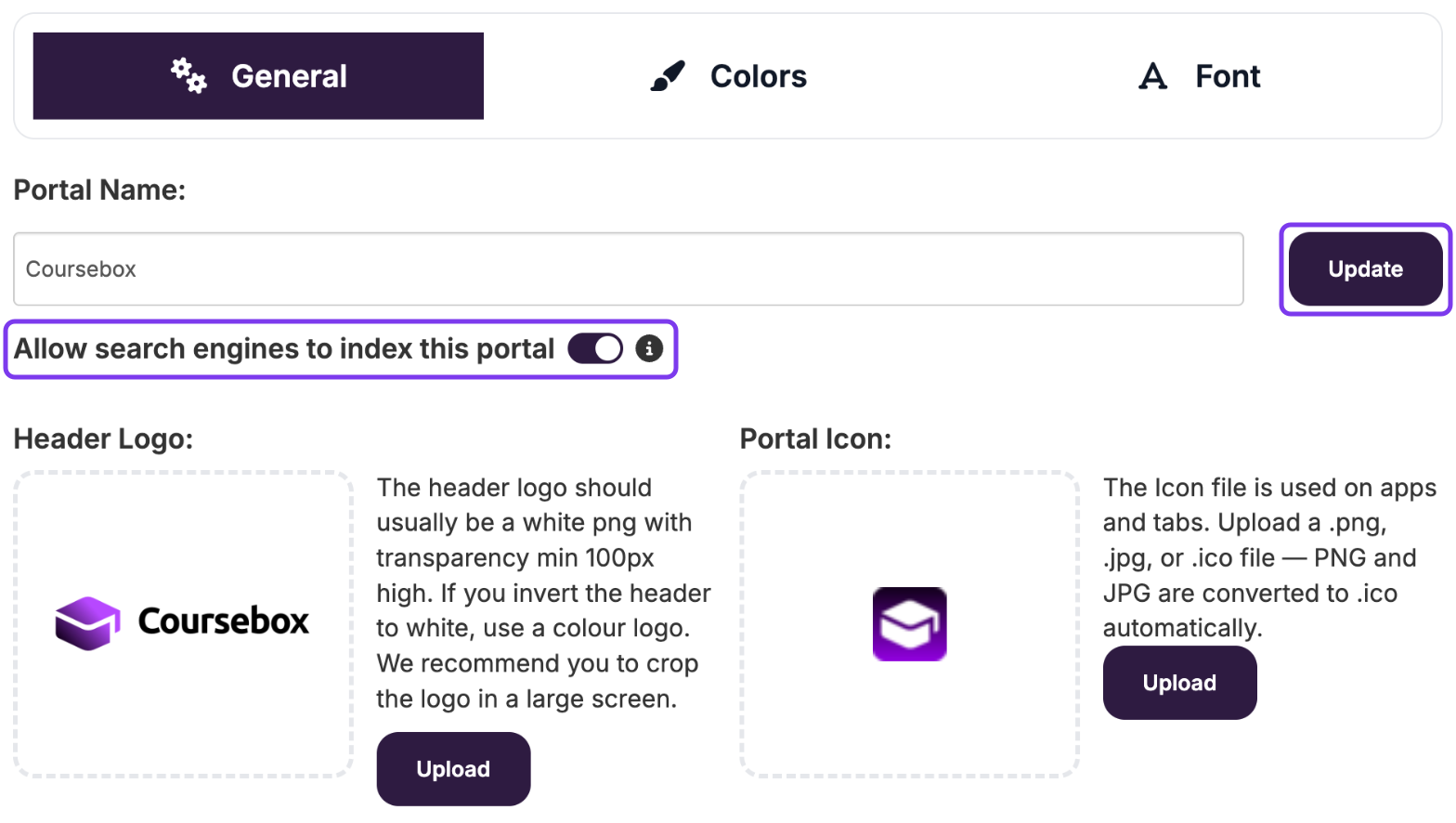 Theme Settings General tab with the Update button and the Allow search engines to index this portal switch highlighted, plus Header Logo and Portal Icon