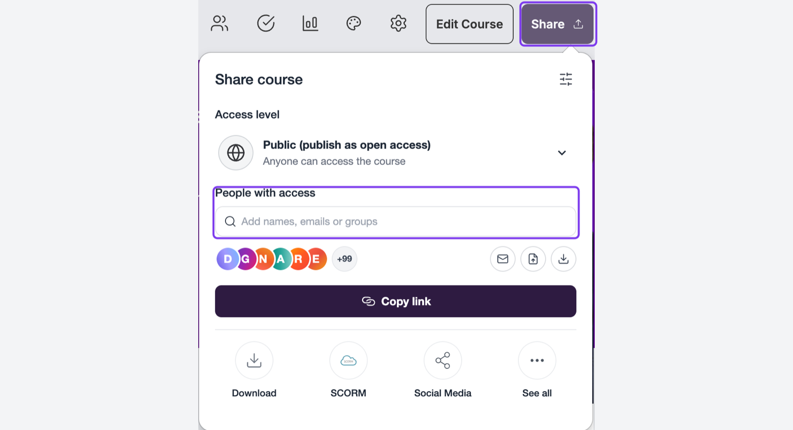 Course Share panel with the Share button and the People with access field outlined