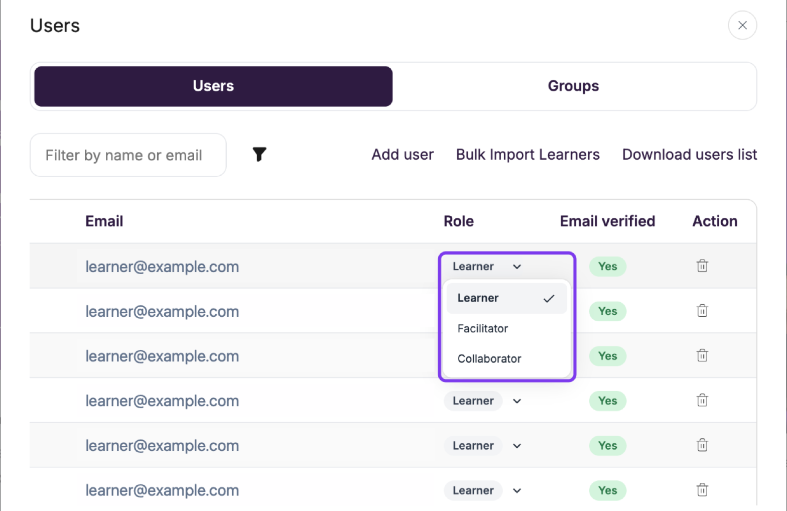 Course Users window with the Role dropdown open showing Learner, Facilitator and Collaborator